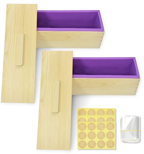 Artcome Stampi rettangolari in silicone da 1200 ml, scatola di legno con coperchio, set di stampi per sapone con 100 sacchetti e 36 adesivi, 2 set