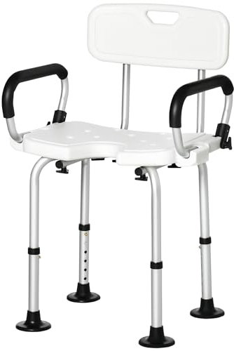 HOMCOM Silla Ducha Personas Mayores Silla para Ducha Taburete de Ducha Antideslizante con Respaldo Altura Ajustable Asiento en U y Apoyabrazos Abatible Carga 136 kg