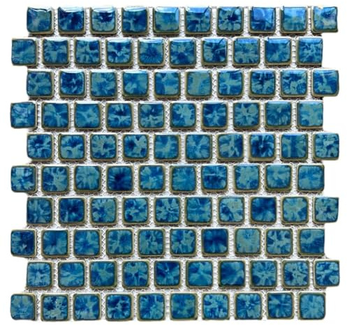 Tenedos Seawater Brick 1 Inches Blue Green Gold Porcelain Mosaic Tile, 1 Sheet, for Kitchen Backsplash, Bathroom Walls, Shower, Pool, and Accent Wall Applications