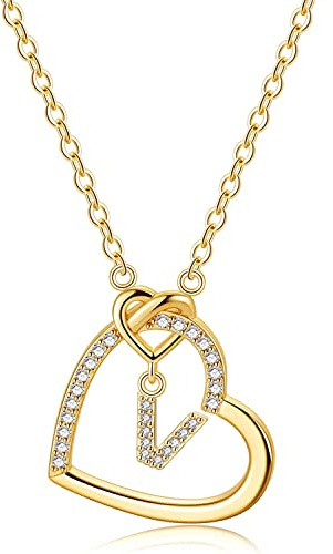 LIHELEI Damen Halskette Herz Buchstabe 925 Silber Kette Damen Personalisiere Kette, Geburtstags und Weihnachten Geschenk Für Frauen Mädchen Mama Freundin - V(Gold)