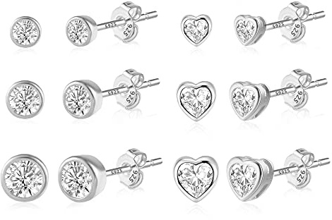 ASH'S CHOICE Silver 925 örhängen örhängen set för kvinnor, 6 par flerpack örhängen litet set, örhängen boll hjärta örhängen glitter zirconia strass silver örhängen brosk mini små kvinnor tjejer