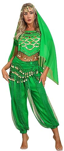 iiniim Bauchtanz Kostüm Damen Orientalische Indische Bauchtänzerin Verkleidung Halloween Fasching Karneval Party Tanzkleidung Grün Einheitsgröße