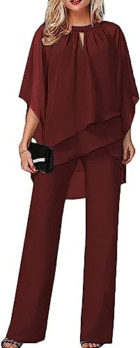Conjunto de Noche de Tul para Mujer pantalón de Vacaciones, Camisa de Gasa de Dos Piezas y pantalón de Talle Alto Conjunto Elegante Vintage de Dos Piezas Holgado Informal (Borgoña,L)
