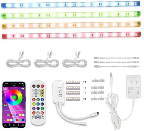 Illuminazione armadio RGB 4 x 30 cm Kit barra luminosa a LED RGB collegabile per vetrina, Smart App e telecomando, Sincronizzazione musicale, Modalità scena, Multi-colori
