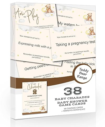 Olivia Samuel Baby Shower Charades Game with Winner Certificate – Includes 38 Charades – Unisex – Made in the UK