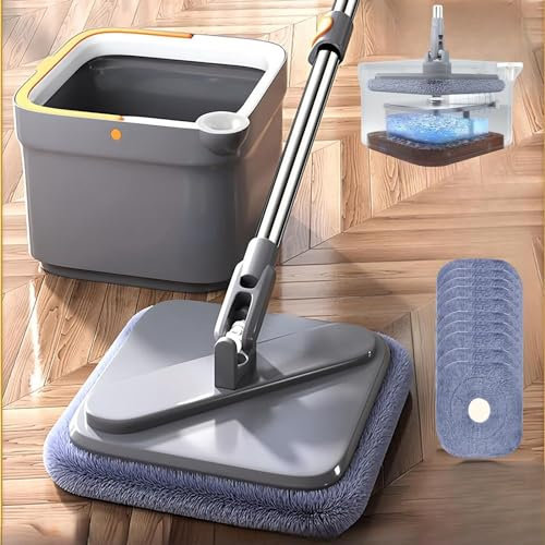 Trapeador M16 Giratorio de Autolavado, Mopa Cuadrada y Cubo con Escurridor, Fregona de 360 Grados, Ajustable, Uso en Húmedo y Seco (5 Paños)
