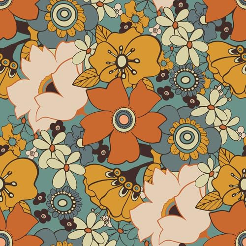 VaryPaper Selbstklebende Tapete Blumen Orange Fototapete Blumen 44.5cmx200cm Retro Tapete 70er Klebefolie Möbel Vintage Möbelfolie Muster Schlafzimmer Tapete Flur Klebefolie Schrank Folie für Möbel