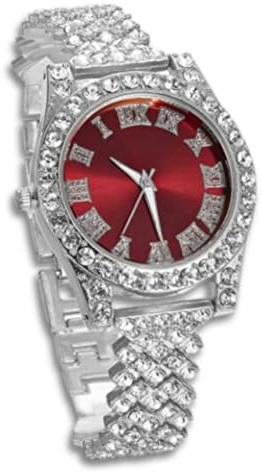 Genkigold Diamantklocka för barn - 37 mm rund urtavla med romerska siffror i 3 färger - 18K guldpläterad/platinumband 20 cm - inklusive presentförpackning, kompatibel med kubansk kedja som tillval