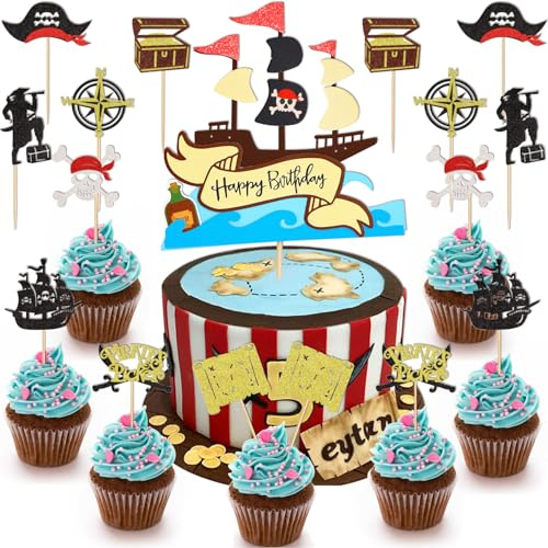 Huaxintoys 17 Stück Piraten Tortendeko Geburtstag, Happy Birthday Tortendeko, Piratenschiffe Tortenaufleger, Piraten Kuchen Topper mit Piraten-Elemente Geburtstag Dekoration
