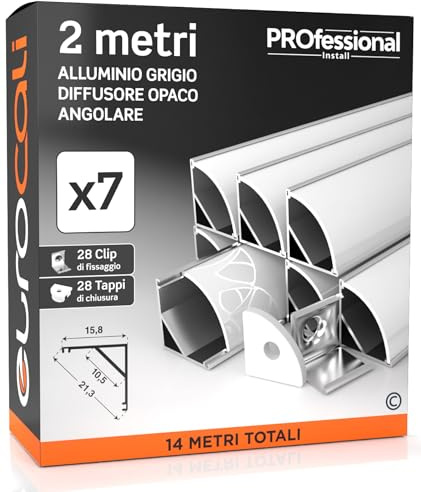 Eurocali 7x Profili Angolari da 2 metri (14mt) in Alluminio per Strisce LED Schermatura Opaca ingombro max striscia led 10.5mm - 15.8 x 15.8