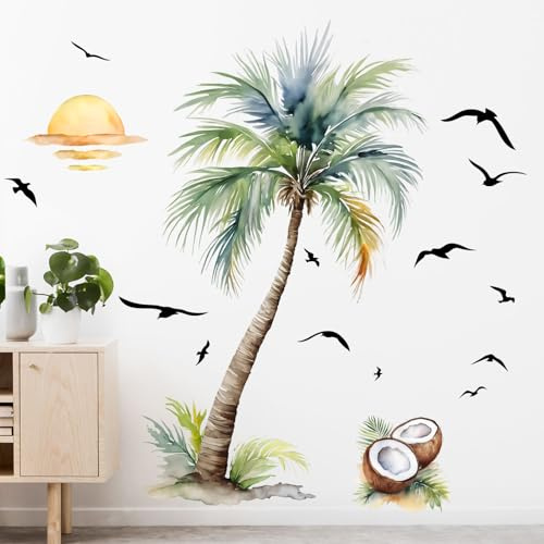 Supzone Wandtattoo Palme Wandaufkleber Tropische Pflanze (110 * 120cm) Sonnenuntergang Strand Wandsticker für Wohnzimmer Schlafzimmer Büro Sofa TV Hintergrund Wanddeko