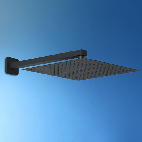 JOHO Pommeau de douche à effet pluie encastrable 30 cm Tête de Douche en acier inoxydable 304 avec bras de douche résistant aux bombes - Bras mural 37 cm, Noir (30 x 30 cm/37 cm)