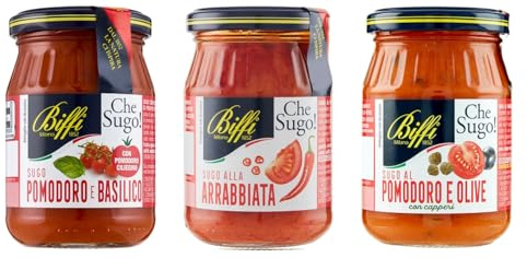 Biffi – Mix Rote Pastasoßen – Tomate-Basilikum 190 g – Arrabbiata (Pomodoro e Peperoncino) 190 g – Tomaten-Oliven-Soße mit Kapern 190 g – Multipack – 3 Gläser 190 g