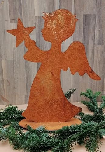 Generisch NEU !! Engel mit Stern 31 cm hoch aus Metall in angesagtem Edelrost Rost Weihnachten Deko Flügel Advent Trauer Beerdigung Weihnachtsdeko Fensterschmuck Deko