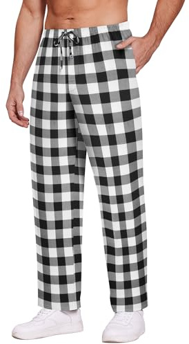 Ekouaer Pyjamasbyxor för män, rutiga sov- och loungebyxor, bekväma myskläder, pyjamasbyxor med fickor och knappgylf mysiga gåvor till honom, svart, vit, XL, Svart + vit 3, XL