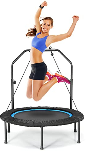 GYMAX Fitness Trampolin φ101cm, leise faltbares Mini Trampolin bis zu 150 kg Belastbar, Gartentrampolin mit höheverstellbarem Schaumstoffgriff & 2 Widerstandsbänder, für Erwachsene & Kinder (Blau)