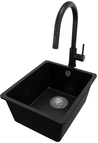 PRIMAGRAN Granitspüle Schwarz 36x44cm, Spülbecken 1 Becken + Küchenarmatur 40x20cm + Ablauf-Set, Küchenspüle ab 40er Unterschrank - Venedig Slim Easy S013