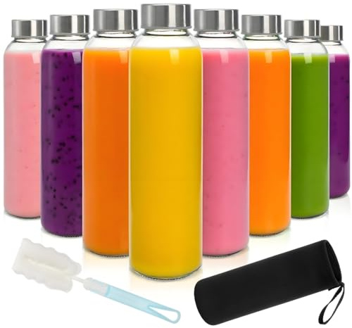 Acshio 8 Pack Glass Juice Bottles with Lids, 16 Oz Reusable Glass Water Bottle with 1 Brush 1 Protective Sleeve, Portable Clear Glasses Containers Drinking Jars for Smoothie, Milk, Juice, Tea