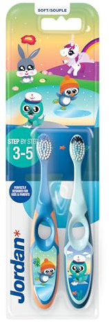 Jordan ® Step 2 Lot de 2 brosses à dents pour enfant de 3 à 5 ans, poils souples, double poignée ergonomique et sans BPA, couleur bleue