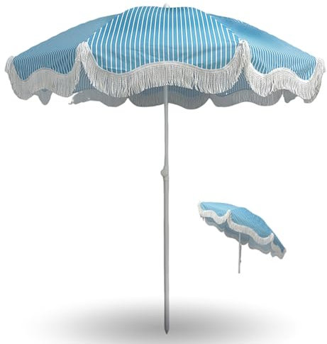Parasol de Terrasse Inclinable de 200 Cm avec Franges, Parasol de Plage à Rayures Résistant Aux UV pour Jardin de Jardin