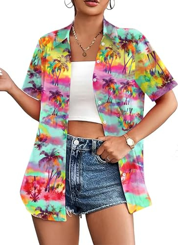hohololo Hawaii Hemd Damen Hawaiihemd Frauen Hawaii Outfit Kurzarm Shirt S-XXL (Mehrfarbig2,S)