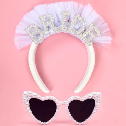 Bride to Be Haarreif,Bride Hochzeitszubehör 2 Stück-Bride Haarreif Perlen,Herz Perlen Sonnenbrille,JGA Accessoires Frauen Set,Braut Jungesellinenabschied Frauen JGA Deko,Bachelorette Party Accessories