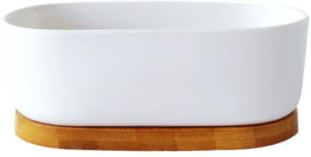 BESTonZON 2stücke Keramik Blumentöpfe Für Sukkulenten Und Kakteen Mit Bambusuntersetzer Ovaler Blumenkübel Für Innen Und Außenbereich Langlebig Und Handgefertigt Mit Abflussloch Für