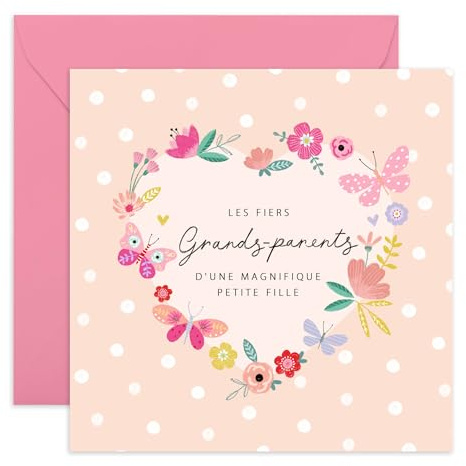 Central 23 Carte de naissance - Fiers grands-parents d’une petite fille - Félicitations pour la naissance de votre petite-fille - Carte baby shower fille douce et joyeuse - Autocollants inclus