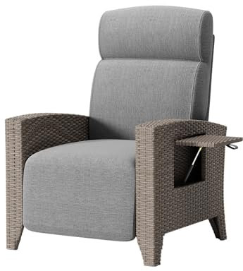 Ergonomisk relaxstol rottingfåtölj med justerbart ryggstöd och tjock kudde. Lämplig för inomhusbruk, balkong, trädgård och innergård (brun + grå, 1-pack)