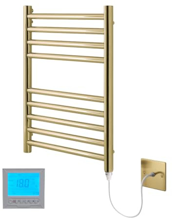Manissa Boston Brushed Brass Electric Towel Rail 400mm W x 600mm H + Timer | Includes 7 Day Timer/Thermostat, Stainless Steel, Rust-Resistant, Bathroom, Wall Mounted, Towel Warmer
