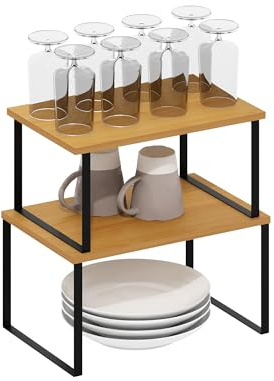 Furinno Ravel mångsidig expanderbar, stapelbara köksbänkshyllor, set med 2, bok/svart