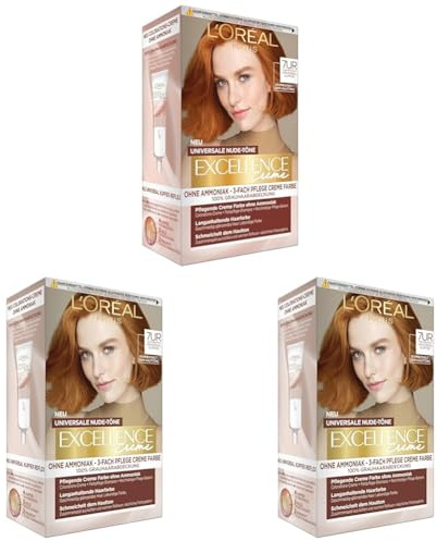 L'Oréal Paris Permanente Haarfarbe für jeden Hautton, Coloration ohne Ammoniak, Universale Nude-Töne mit vollständiger Grauhaarabdeckung, Excellence Creme, Nr. 7UR Universal Kupfer, 1 Stück