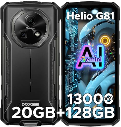 DOOGEE Fire 5 Pro Android 15 AI Outdoor Handy ohne Vertrag, 13000mAh Outdoor Smartphone, Mediatek Helio G81, Gemini AI, 20GB + 128GB/ 2TB TF, 6,6 HD + 13MP, 4G LTE, 3 Card Slot/NFC/Face ID/OTG/IP69K
