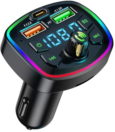 Car Bluetooth 5.0 FM Transmitter, Car FM Bluetooth Transmitter Bluetooth, Dual USB-A Charging Type-C Charging, Support TF Card/LED Screen/EQ Function/U Disk