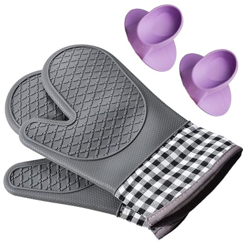 Tread star Ofenhandschuhe Backhandschuhe Ofenhandschuh Topfhandschuhe 4er Set, Kochhandschuhe mit Rutschfestem 300°C Hitzebeständige (Grau)