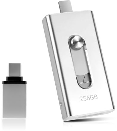 Clé USB 256 Go pour téléphone, clé USB 4 en 1 pour iPhone/iPad/Android/PC, clé USB 3.0 Haute Vitesse, Transfert Rapide, Sauvegarde de Photos et vidéos, Argent