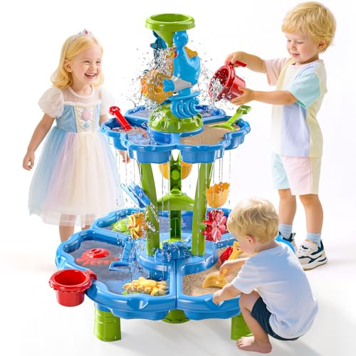BLmukce 2-Tier Flower Water Table for Toddlers 3-5, Kids Outdoor Sensory Play Activity Table, Summer Beach Splash Toys for Backyard Garden, Water Sandbox Playset for Boys Girls Ages 3-8