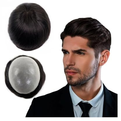 Für Männer Echthaar-Toupet for Männer, Haarersatzsystem, 0,02–0,04 mm, ultradünne PU-Haut, Herren-Haarprothese Perückenkopf