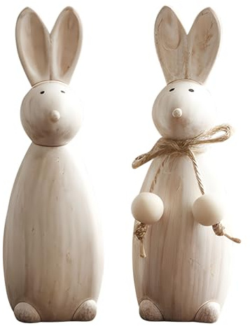 Osterdeko Holz Osterhase Deko Tisch, 2er Set Holzhasen Deko, Osterhasen aus Holz, Dekohasen Ostern, Osterhasen Figuren, Hasen Figuren, Vintage Holzhase Osterfiguren Osterdekoration Innen (14,5 cm-C)