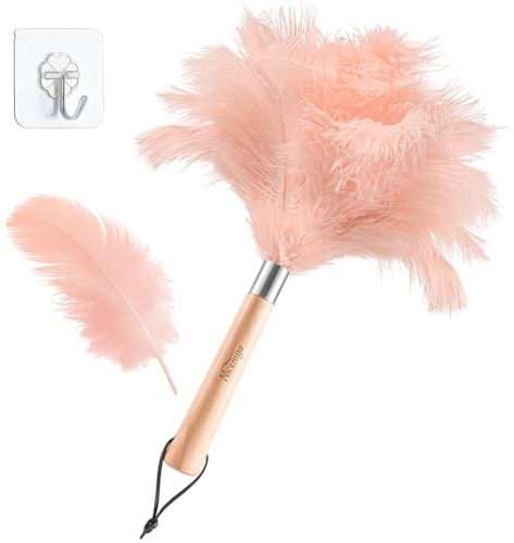 Nicemiya 13.5 Inch Pink Ostrich Feather Duster - Wooden Handle, Fluffy Natural Genuine Feathers, Ideal for Home, Car, Office Cleaning, Reusable Decorative Duster （13.5 inch, Pink）