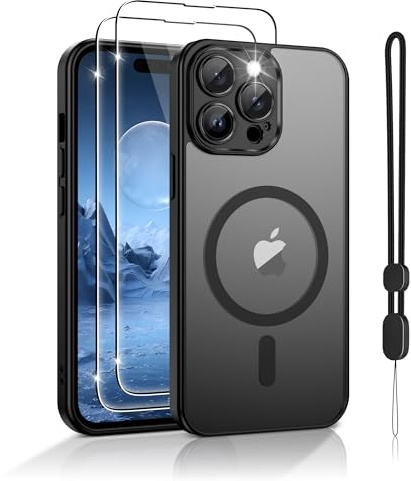 Jshru Magnetic for iPhone 14 Pro Case,Compatible with Magsafe,with Lanyard and HD Screen Protectors,[Durable & Sturdy] Slim Translucent Protective Cover,iPhone 14 Pro 6.1''-Black