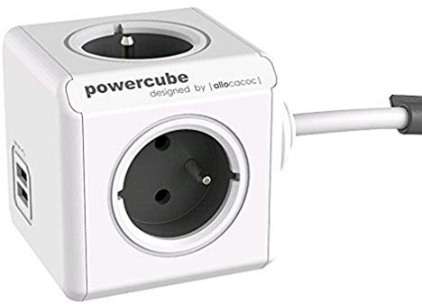 allocacoc PowerCube Extended 3 m DuoUSB, 4 prises multiples 230V + 2 USB, FR, Blanc