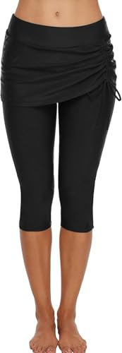 ECUPPER Women's Mid Waist Swimming Capris Shorts Knee Length Swim Leggings Bottom Pants Black 2XL