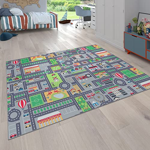 Paco Home Spielteppich Kinderteppich Kinderzimmer Straßenteppich Mit Auto Motiv rutschfest In Grau, Grösse:Ø 160 cm Rund