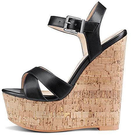 NobleOnly Escarpins Femme Cale Bout Ouvert Sandale Slingback 16CM Wedge High Heels