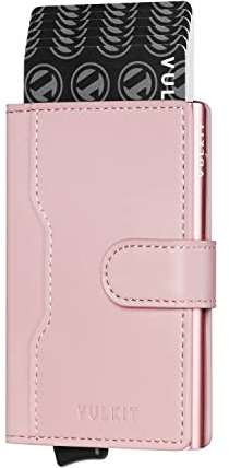 VULKIT Kartenetui Damen RFID Blocker Kreditkartenetui Metall mit 3 Kreditkarte Fächern und 1 Ausweisfenster Klein Geldbörse Damen Leder mit Magnetverschluss, Rose