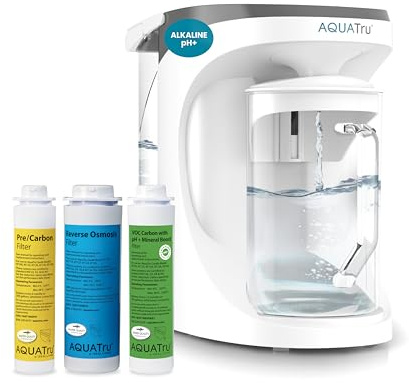 AquaTru Carafe with Alkaline Mineral Boost VOC Filter | Countertop Water Purifier with Exclusive 4-Stage Ultra Reverse Osmosis Technology (No Plumbing or Installation Required) | BPA Free