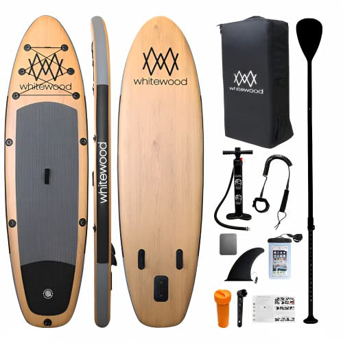 Whitewood SUP Tavola da Stand Up Paddle Surf Gonfiabile 10’ / 305 cm Premium Disegno Legno con Accessori - Pagaia Regolabile, Pompa, Zaino da Viaggio iSUP, Borsa impermeabile – 150 kg, 2 Persone