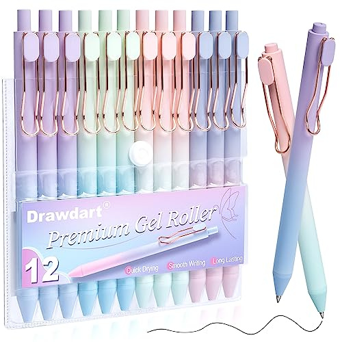 Drawdart Smooth Writing Pens, 12 Pcs No Bleed & Smear, Black Ink Fine Point (0.5mm), Retractable Aesthetic Journaling Pens for Women & Men