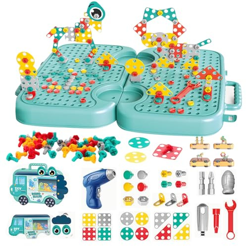 Montessori Werkzeugkasten mit Bohrmaschine,Montessori Spielzeug Bohrmaschine Mosaik Puzzlespielzeug Pegboard Kinder Werkzeugkoffer, 3D Puzzle DIY Werkzeuge Spielzeug Steckspiele für 3+ Jahre (Grün)